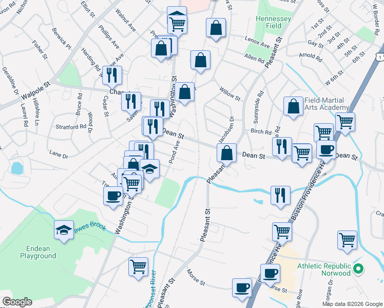 map of restaurants, bars, coffee shops, grocery stores, and more near 72 Heaton Avenue in Norwood
