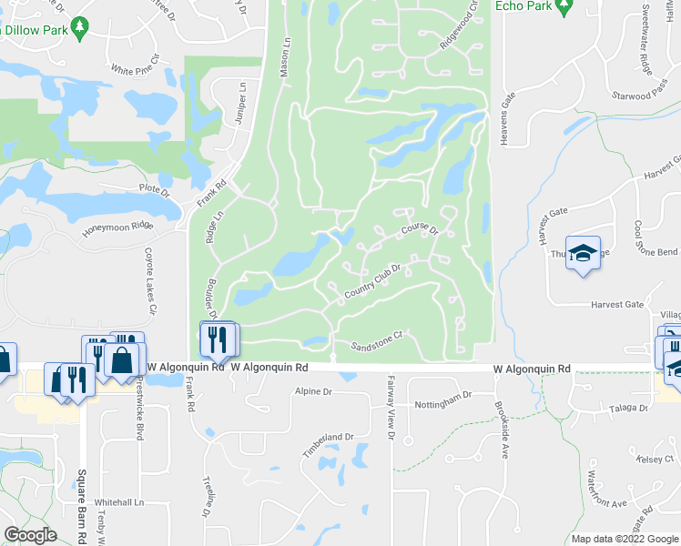 map of restaurants, bars, coffee shops, grocery stores, and more near 8 Pebble Beach Court in Lake in the Hills