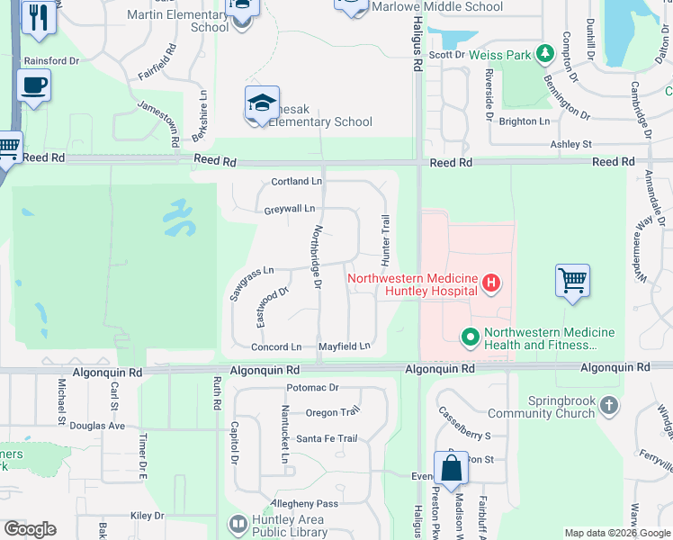map of restaurants, bars, coffee shops, grocery stores, and more near 10395 Aldridge Drive in Huntley