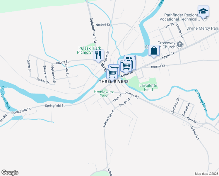 map of restaurants, bars, coffee shops, grocery stores, and more near 17 Springfield Street in Palmer