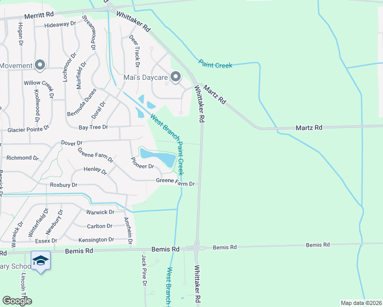 map of restaurants, bars, coffee shops, grocery stores, and more near 7636 Whittaker Road in Ypsilanti