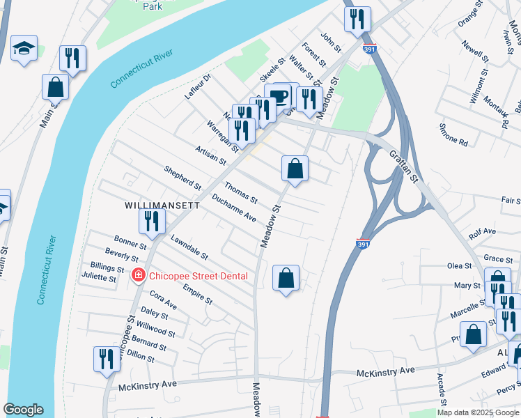 map of restaurants, bars, coffee shops, grocery stores, and more near 84 Ducharme Avenue in Chicopee
