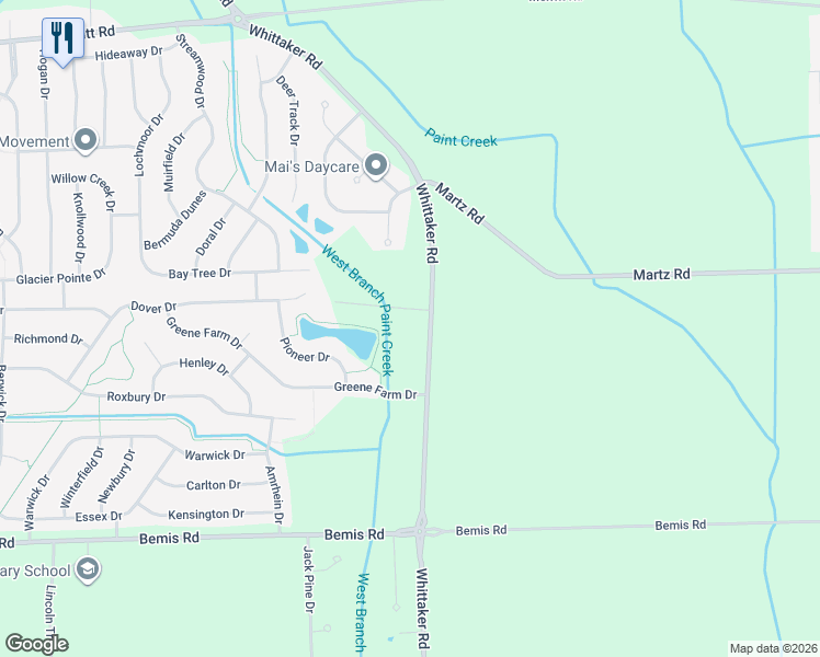 map of restaurants, bars, coffee shops, grocery stores, and more near 7636 Whittaker Road in Ypsilanti