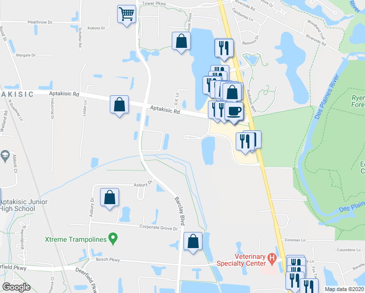 map of restaurants, bars, coffee shops, grocery stores, and more near 446 Parkway Drive in Lincolnshire
