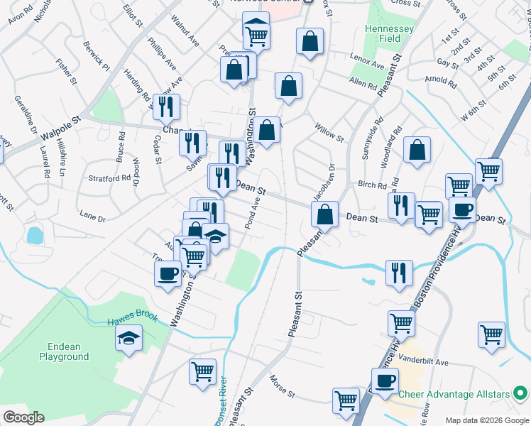 map of restaurants, bars, coffee shops, grocery stores, and more near 72 Heaton Avenue in Norwood