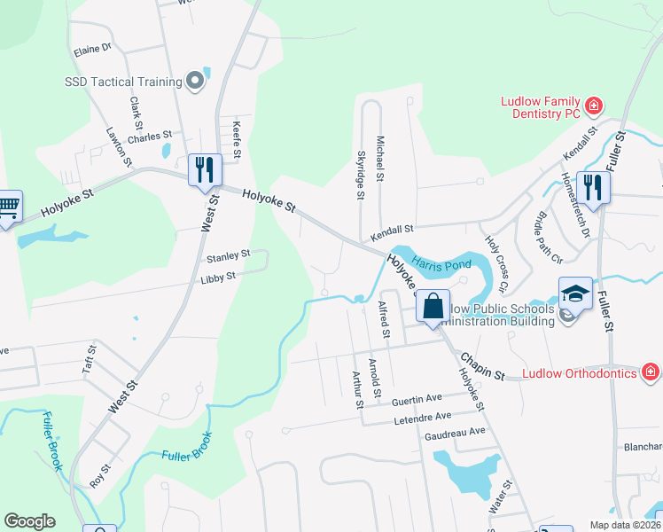 map of restaurants, bars, coffee shops, grocery stores, and more near 42 Deroche Circle in Ludlow