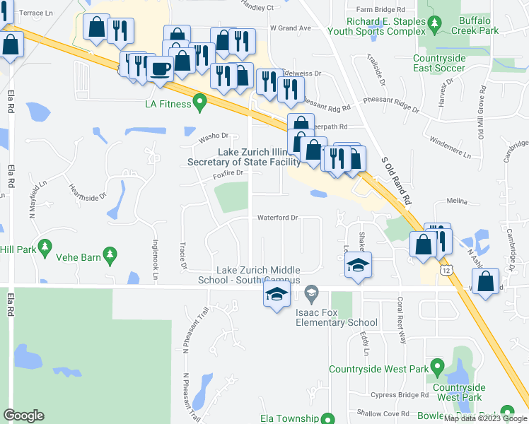 map of restaurants, bars, coffee shops, grocery stores, and more near 330 Waterford Drive in Lake Zurich