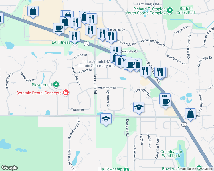 map of restaurants, bars, coffee shops, grocery stores, and more near 345 Waterford Drive in Lake Zurich