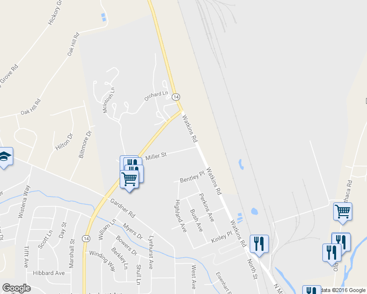 map of restaurants, bars, coffee shops, grocery stores, and more near 114 Miller Street in Horseheads