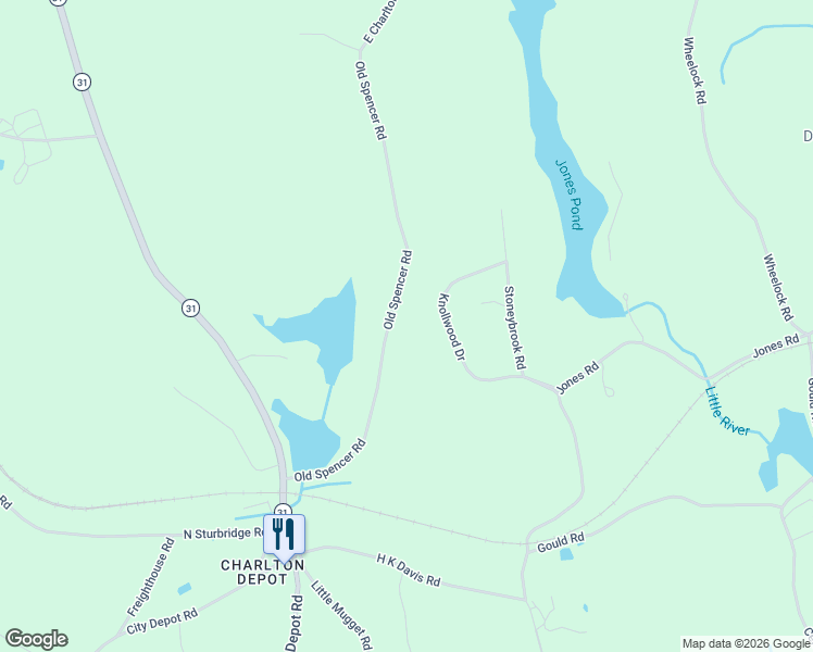map of restaurants, bars, coffee shops, grocery stores, and more near 46 Old Spencer Road in Charlton