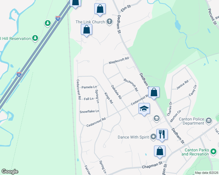 map of restaurants, bars, coffee shops, grocery stores, and more near 24 Kings Road in Canton