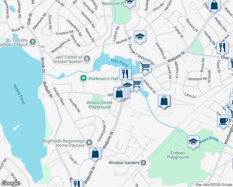map of restaurants, bars, coffee shops, grocery stores, and more near 45 Wilson Street in Norwood