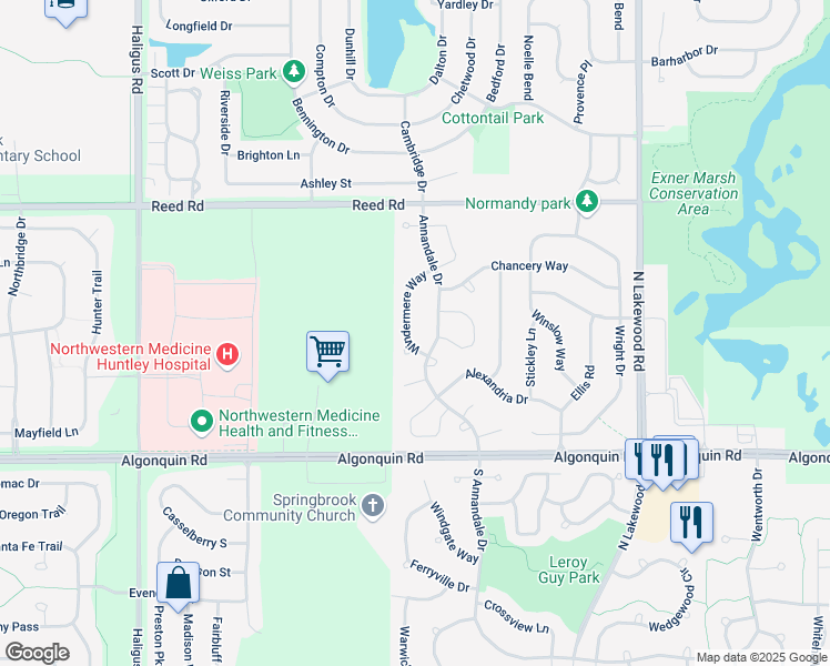 map of restaurants, bars, coffee shops, grocery stores, and more near 301 Windermere Way in Lake in the Hills