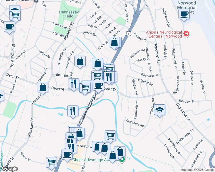 map of restaurants, bars, coffee shops, grocery stores, and more near 257 Dean Street in Norwood