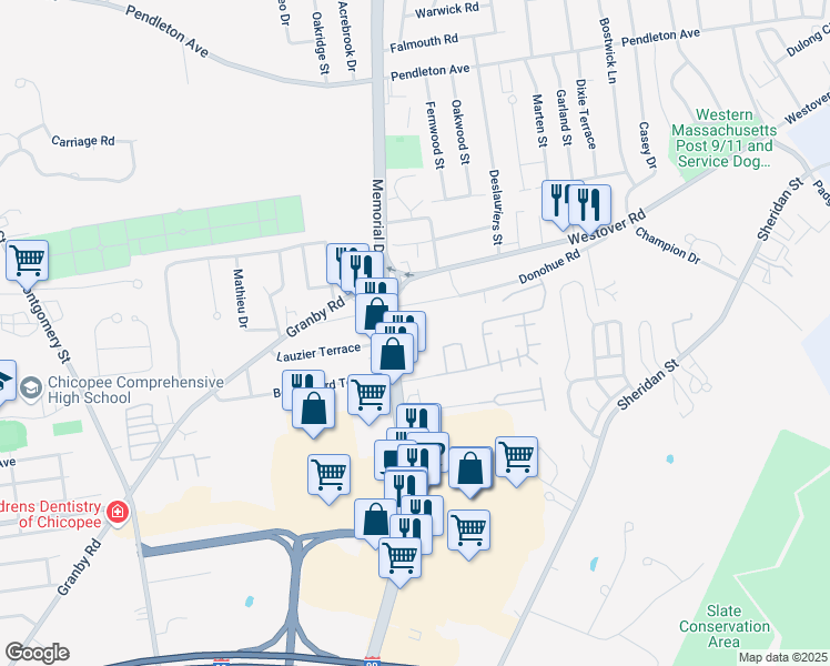 map of restaurants, bars, coffee shops, grocery stores, and more near 767 Memorial Drive in Chicopee