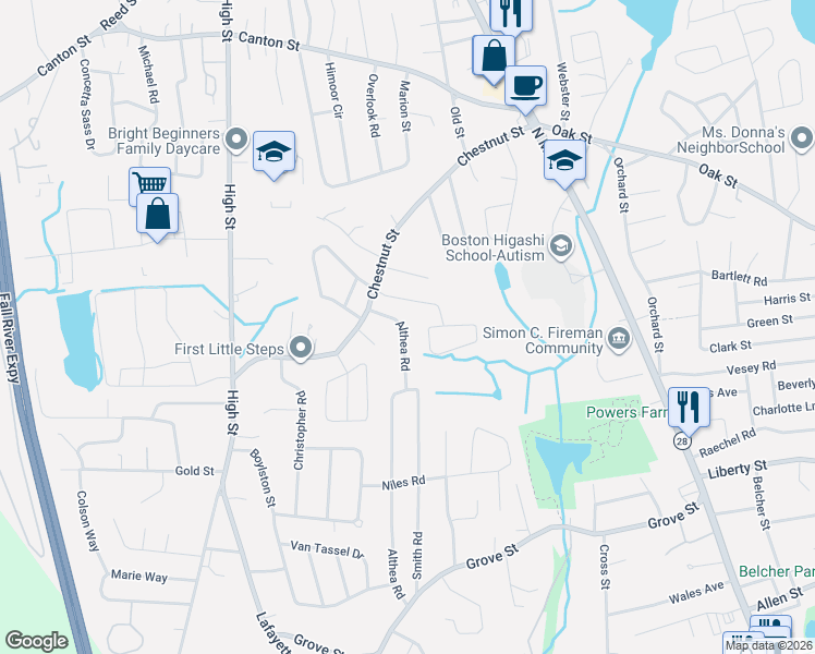 map of restaurants, bars, coffee shops, grocery stores, and more near 128 Chestnut Circle in Randolph