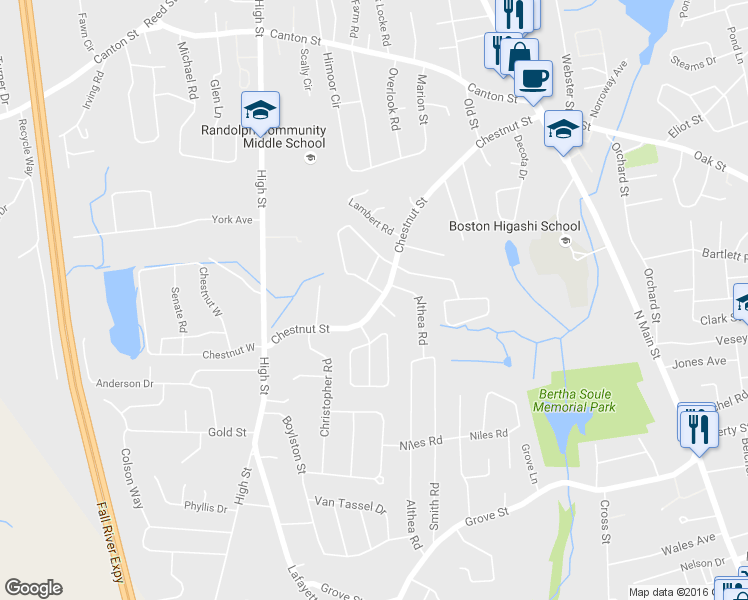 map of restaurants, bars, coffee shops, grocery stores, and more near 246 Chestnut Street in Randolph