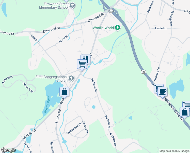 map of restaurants, bars, coffee shops, grocery stores, and more near 27 Burbank Street in Millbury