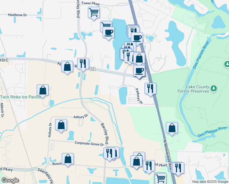 map of restaurants, bars, coffee shops, grocery stores, and more near 446 Parkway Drive in Lincolnshire