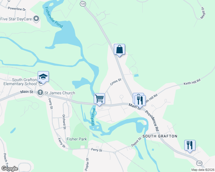 map of restaurants, bars, coffee shops, grocery stores, and more near 20 D Cross Street in Grafton