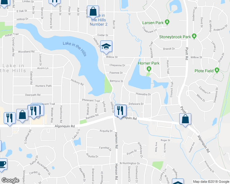 map of restaurants, bars, coffee shops, grocery stores, and more near 28 Hilltop Drive in Lake in the Hills
