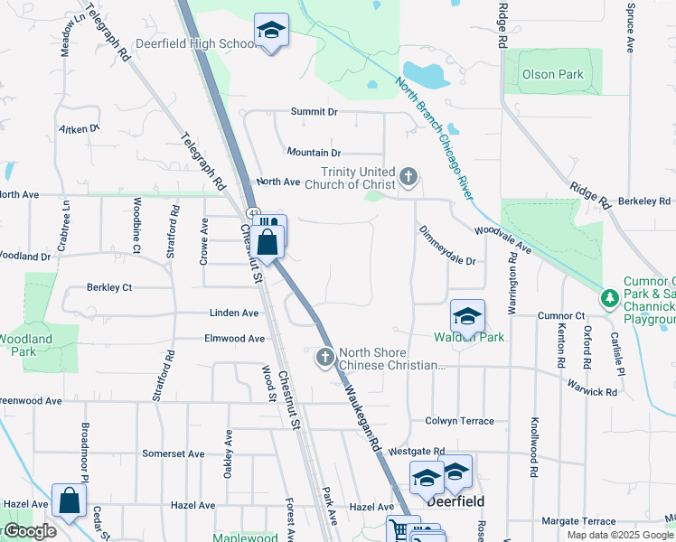 map of restaurants, bars, coffee shops, grocery stores, and more near 1465 Northwoods Circle in Deerfield