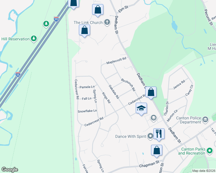 map of restaurants, bars, coffee shops, grocery stores, and more near 24 Kings Road in Canton