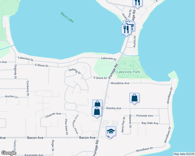 map of restaurants, bars, coffee shops, grocery stores, and more near 1715 South Shore Drive in Portage