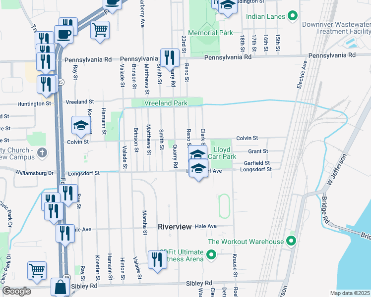 map of restaurants, bars, coffee shops, grocery stores, and more near 17635 Reno Street in Riverview