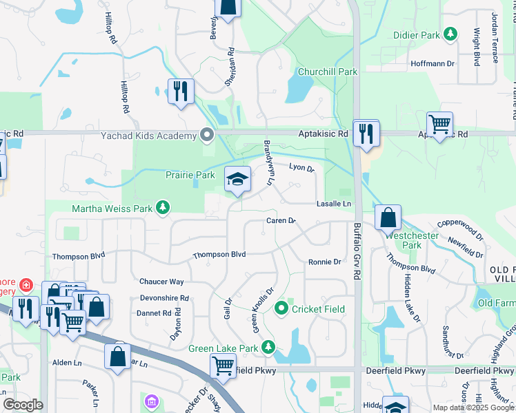 map of restaurants, bars, coffee shops, grocery stores, and more near 1550 Brandywyn Lane in Buffalo Grove