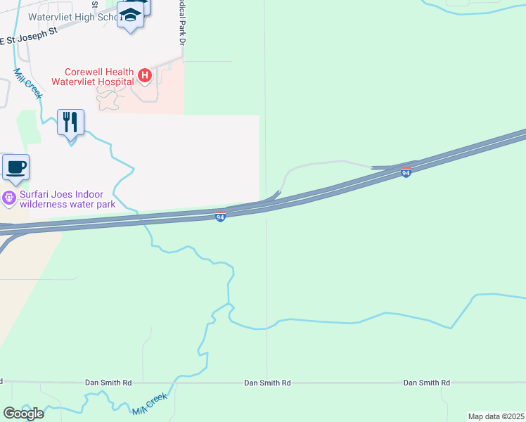 map of restaurants, bars, coffee shops, grocery stores, and more near Interstate 94 in Watervliet