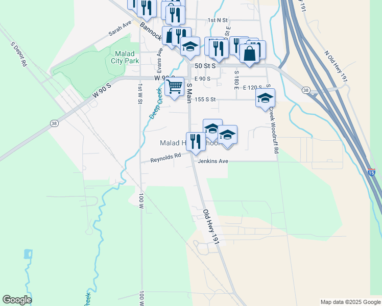 map of restaurants, bars, coffee shops, grocery stores, and more near South Main Street in Malad City