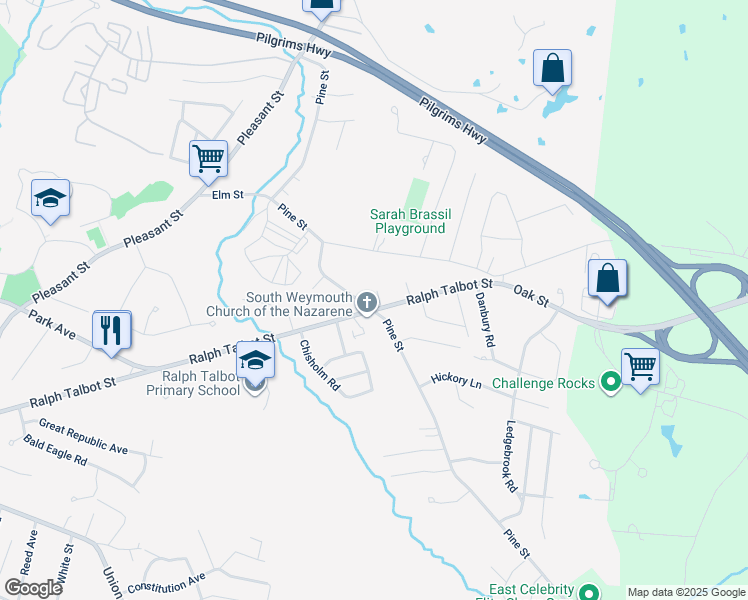map of restaurants, bars, coffee shops, grocery stores, and more near 406 Ralph Talbot Street in Weymouth