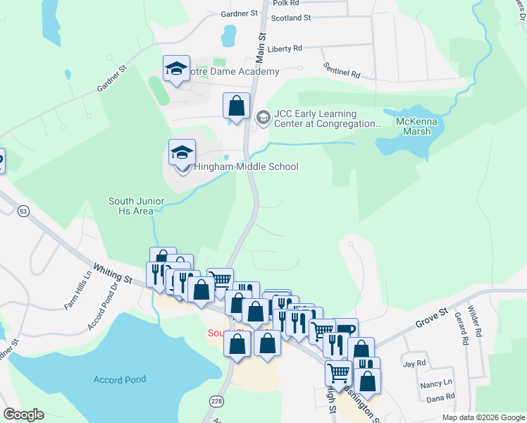 map of restaurants, bars, coffee shops, grocery stores, and more near 1154 Main Street in Hingham