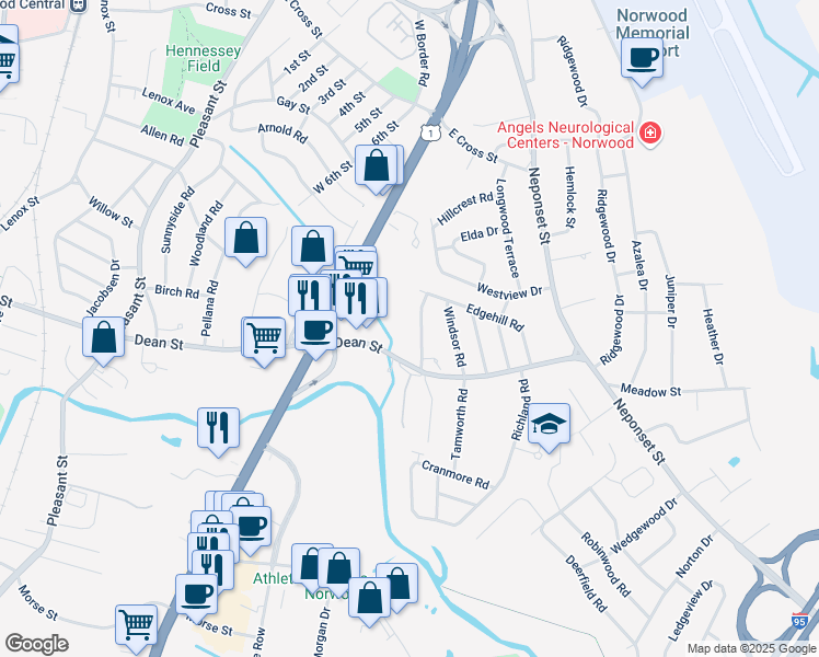 map of restaurants, bars, coffee shops, grocery stores, and more near 129 Edgehill Road in Norwood