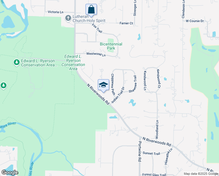 map of restaurants, bars, coffee shops, grocery stores, and more near 1480 Chippewa Path in Riverwoods