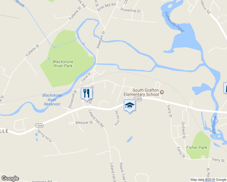 map of restaurants, bars, coffee shops, grocery stores, and more near 61 Elmwood Street in South Grafton