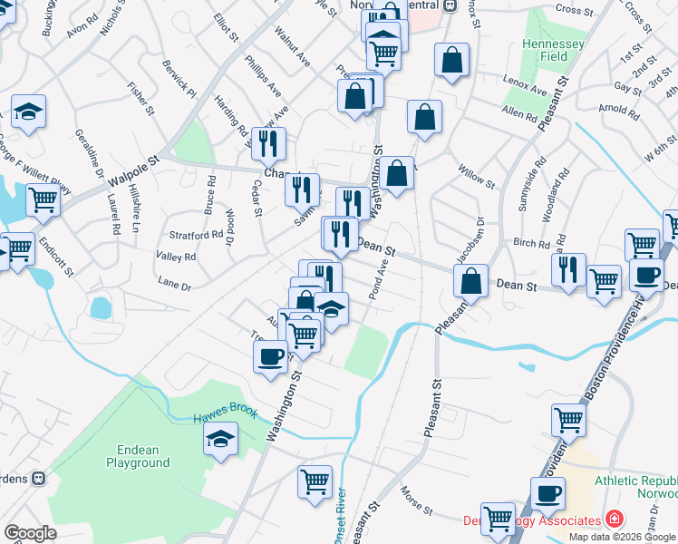 map of restaurants, bars, coffee shops, grocery stores, and more near 1056 Washington Street in Norwood