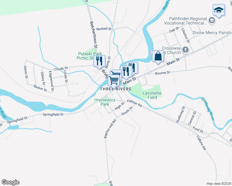 map of restaurants, bars, coffee shops, grocery stores, and more near 2020 Bridge Street in Palmer