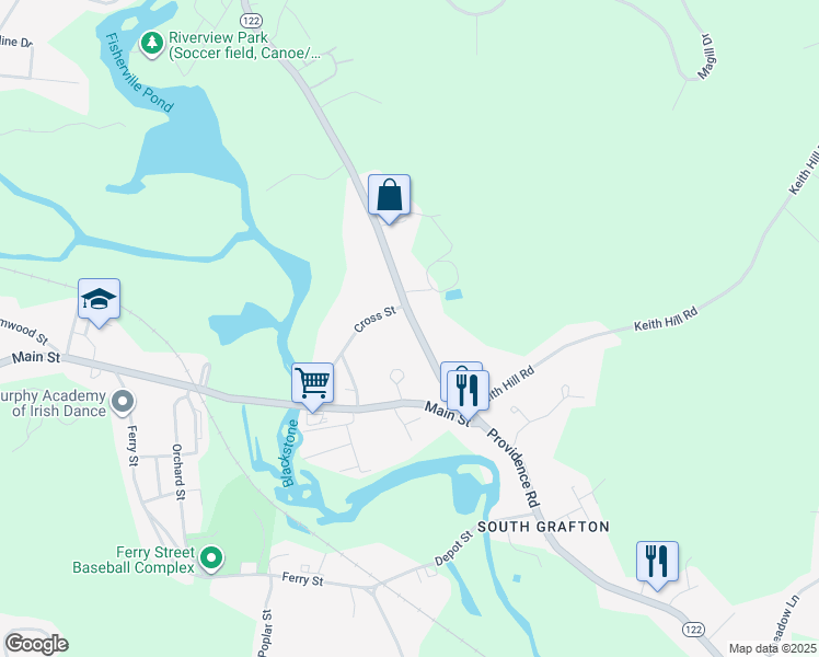 map of restaurants, bars, coffee shops, grocery stores, and more near 255 Providence Road in Grafton