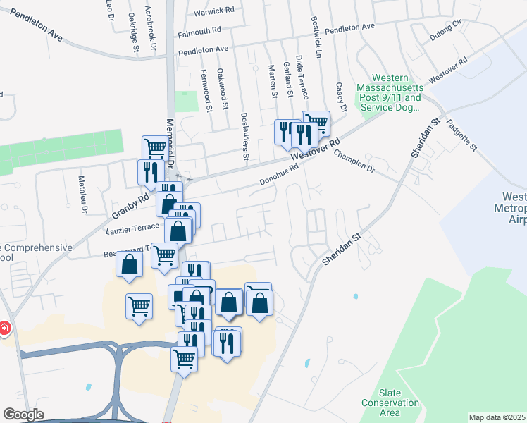 map of restaurants, bars, coffee shops, grocery stores, and more near Memorial Drive in Chicopee