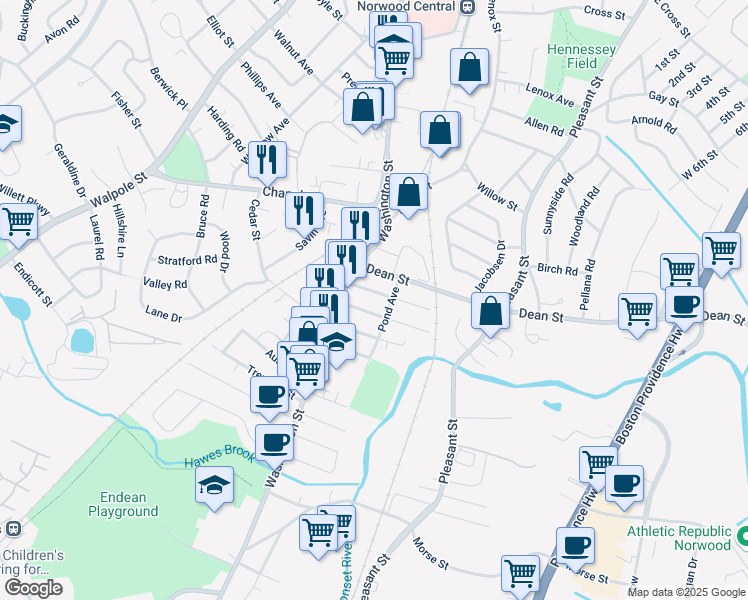 map of restaurants, bars, coffee shops, grocery stores, and more near 27 Dean Street in Norwood