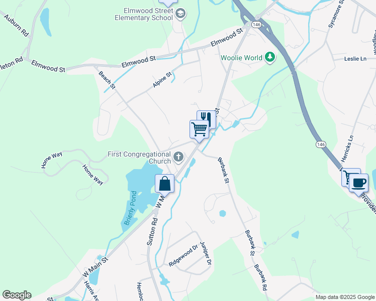 map of restaurants, bars, coffee shops, grocery stores, and more near 30 High Street in Millbury