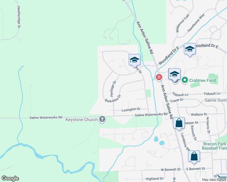 map of restaurants, bars, coffee shops, grocery stores, and more near 1069 Heritage Drive in Saline