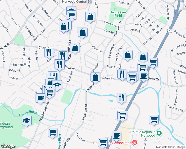 map of restaurants, bars, coffee shops, grocery stores, and more near 23 Jacobsen Drive in Norwood
