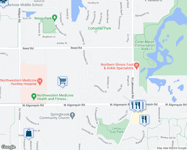 map of restaurants, bars, coffee shops, grocery stores, and more near 5517 Chantilly Circle in Lake in the Hills