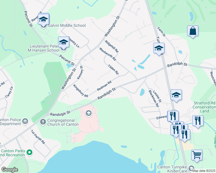 map of restaurants, bars, coffee shops, grocery stores, and more near 19 Redman Road in Canton