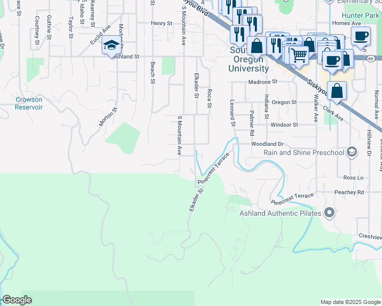 map of restaurants, bars, coffee shops, grocery stores, and more near 1130 Emma Street in Ashland