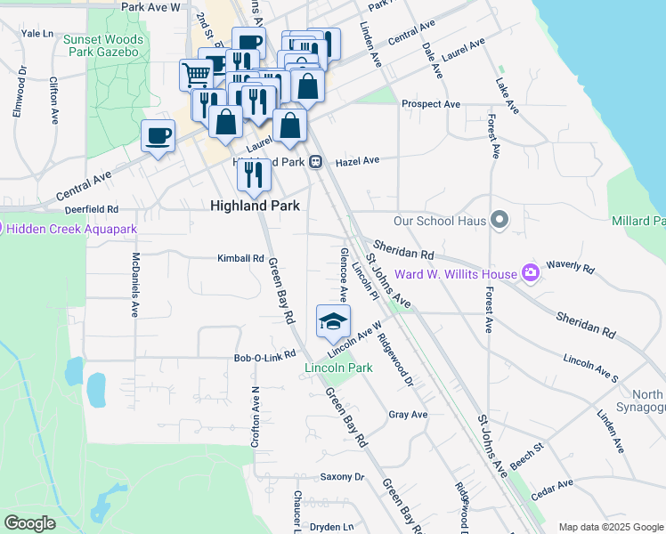map of restaurants, bars, coffee shops, grocery stores, and more near 1514 Glencoe Avenue in Highland Park