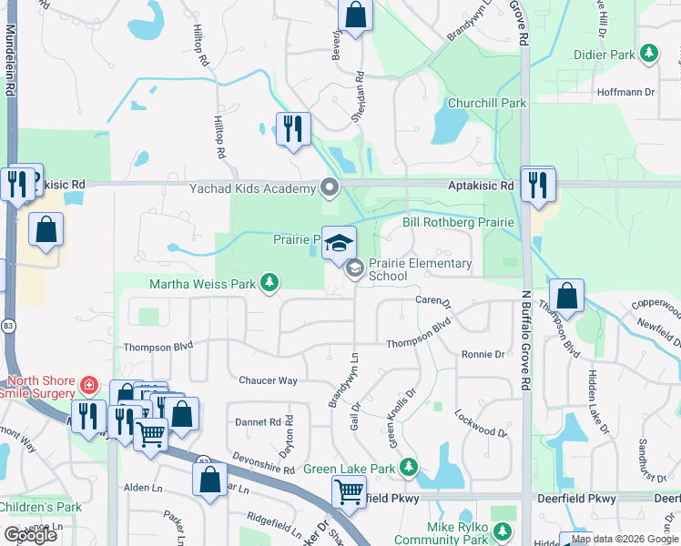 map of restaurants, bars, coffee shops, grocery stores, and more near 1530 Brandywyn Lane in Buffalo Grove